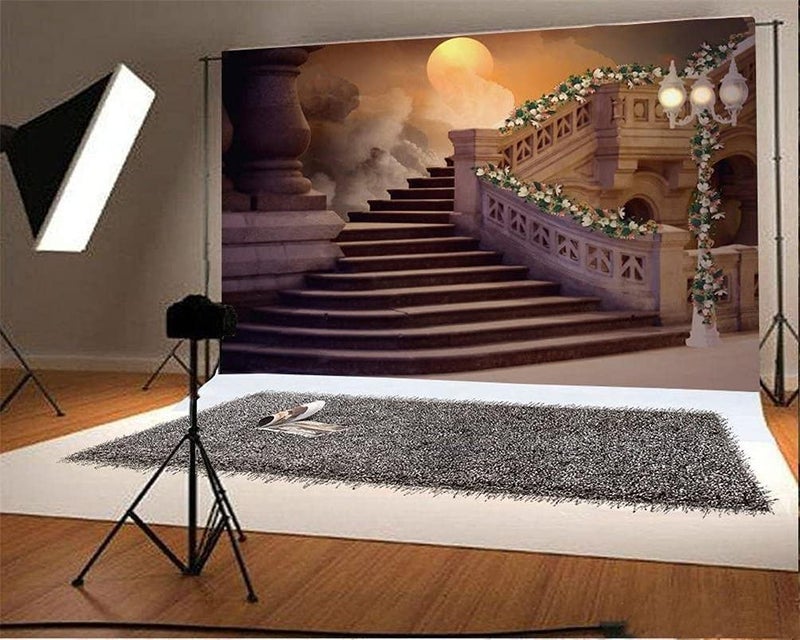 AOFOTO 10x8ft Vintage Stairs Photography Backdrop Gothic Castle Staircase with Floral Garland Photo Background Retro Elegant Wedding Anniversary Party Decoration Adult Portrait Photo Shoot Props - Image 2